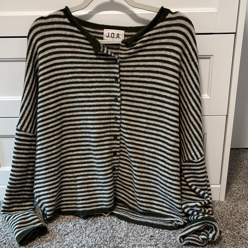 J.O.A. Olive & Cream Striped Button-Front Knit Cardigan